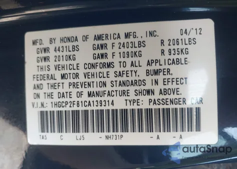 2012 Honda Accord Sdn 2.4 Ex-L/Ex-L from USA, damaged, VIN 1HGCP2F81CA139314